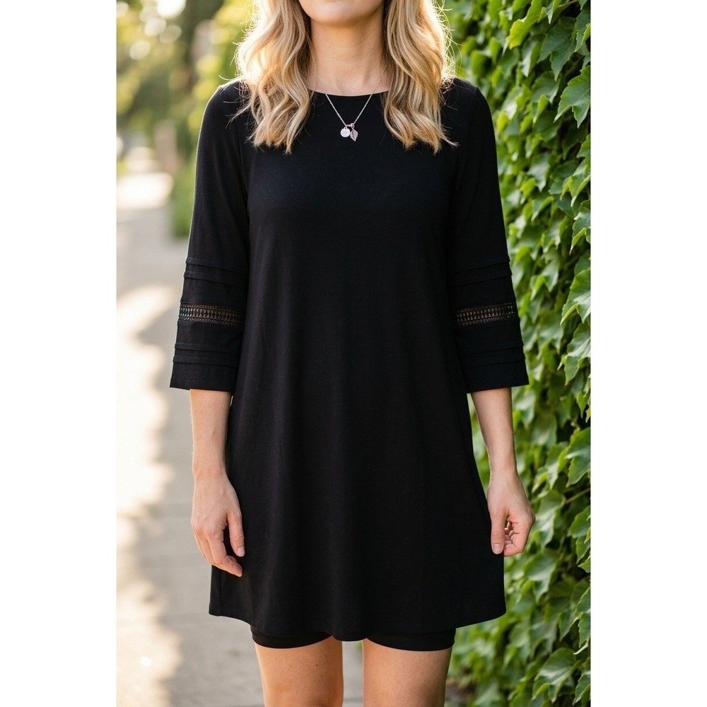 J. Jill Wearever Tunic Dress Womens L Petite Black Tiered Lace Sleeve Shift LBD